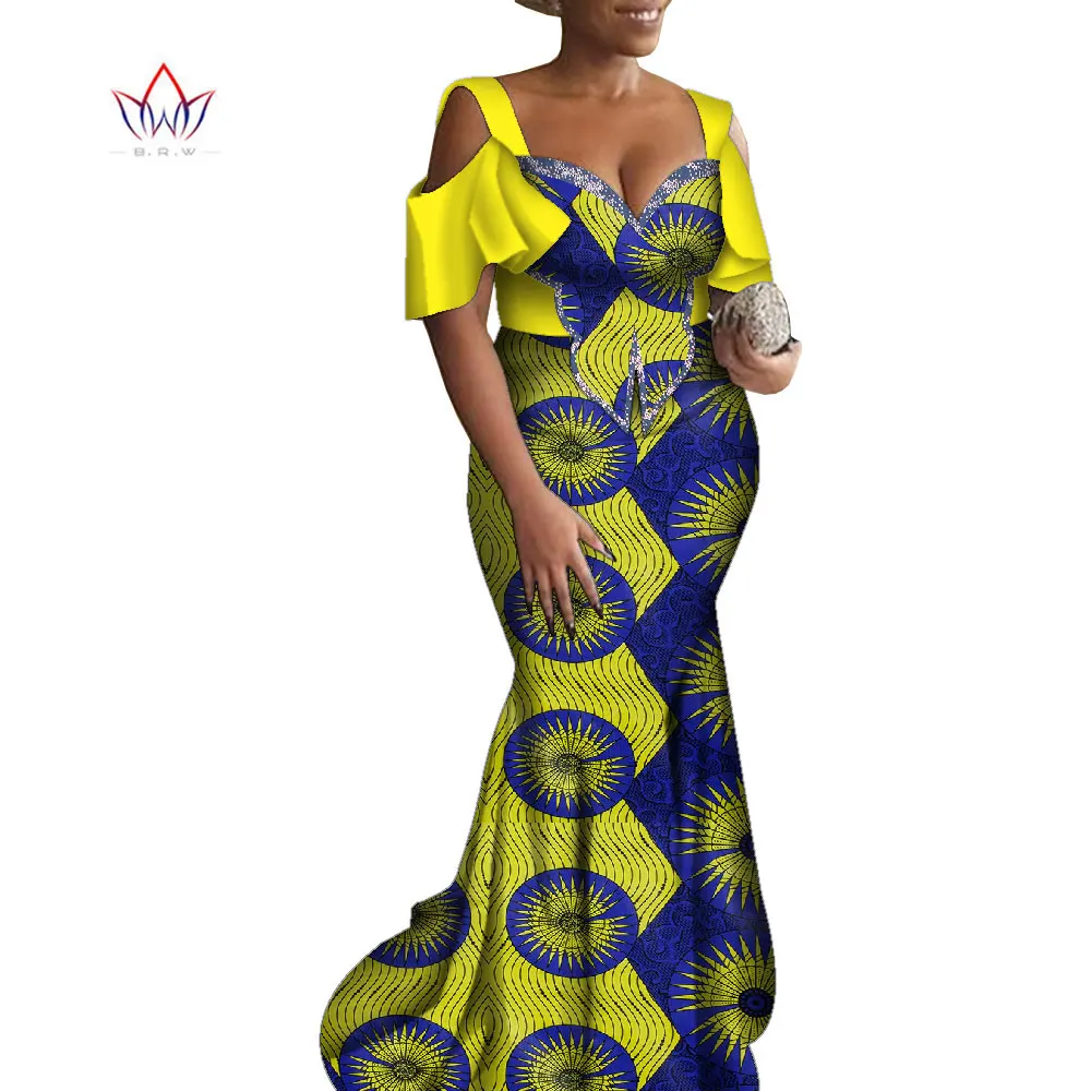 

Women's clothing 2021 d summer African Wedding long Clothing Slash Neck Dress Fashion female Elegant Dresses WY9423