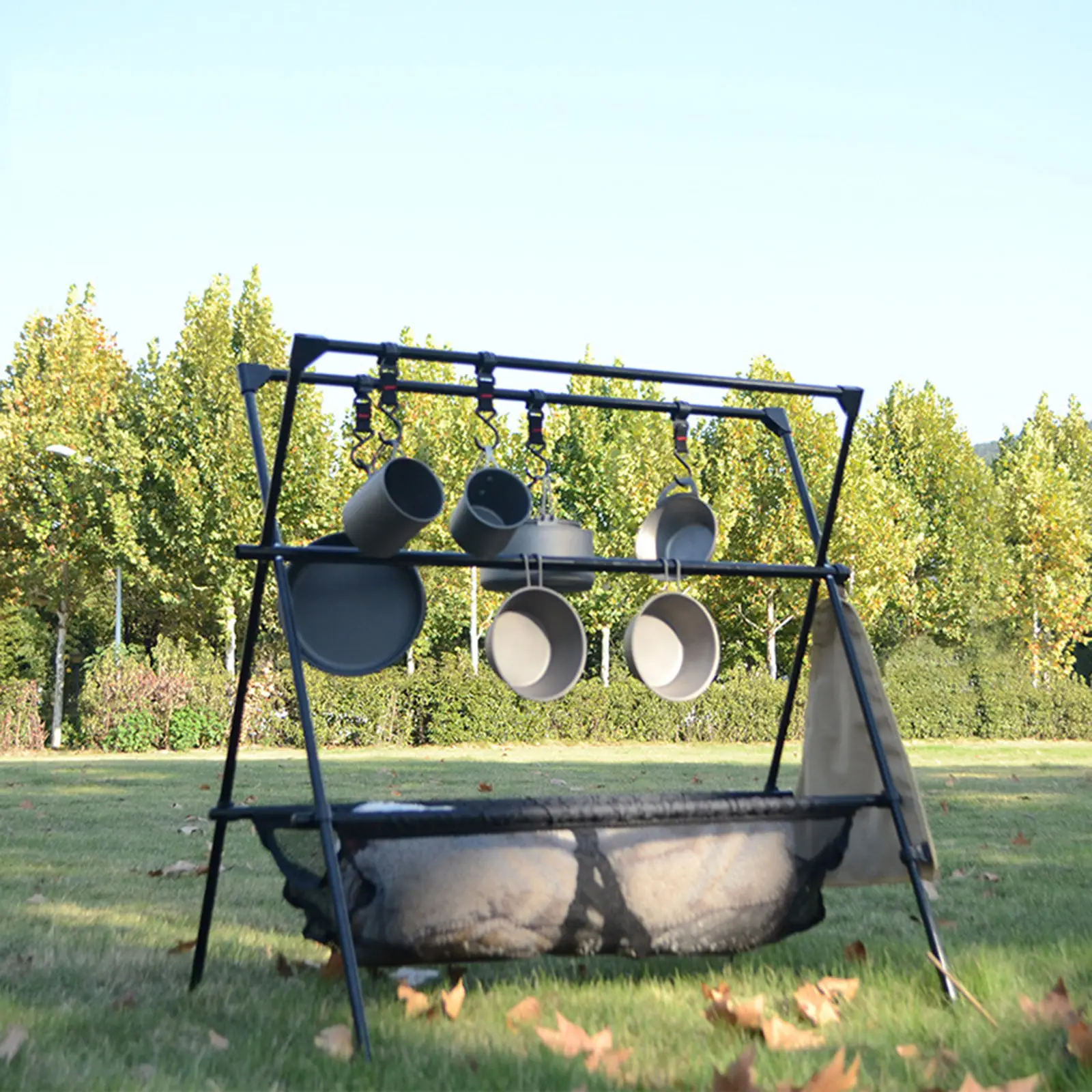 

Outdoor Hanging Rack with Drawstring Bag and Steel Hooks Foldable Tripod Structure Stand Quickly Build for Cookware