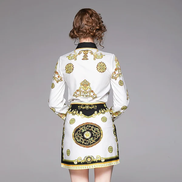 Autumn Fashion Runway Golden Printed Suits Set Women's Long Sleeve Blouse Shirt + Elegant High Waist Mini Skirt Two Pieces | Женская