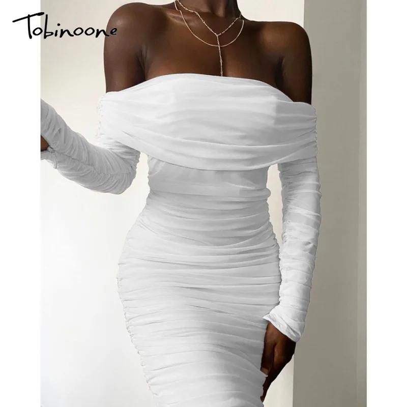 Tobinoone осень с открытыми плечами Бандажное облегающее женское платье рюшами