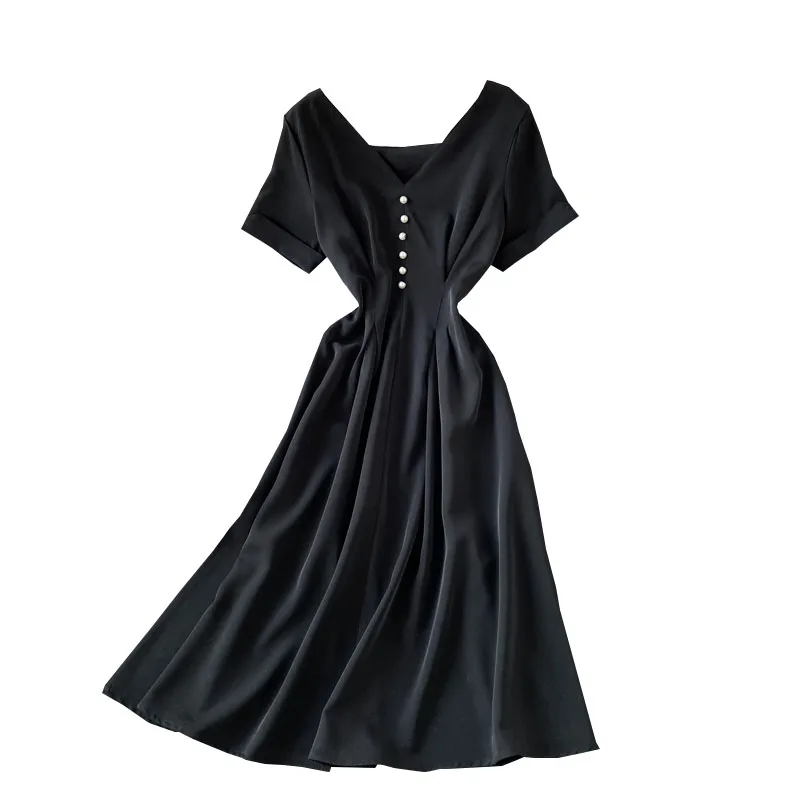 

2021 Summer New French V-neck High Waist Vestidos Women's Short-sleeved Retro Solid Color Waist Slim Midi Dress C827