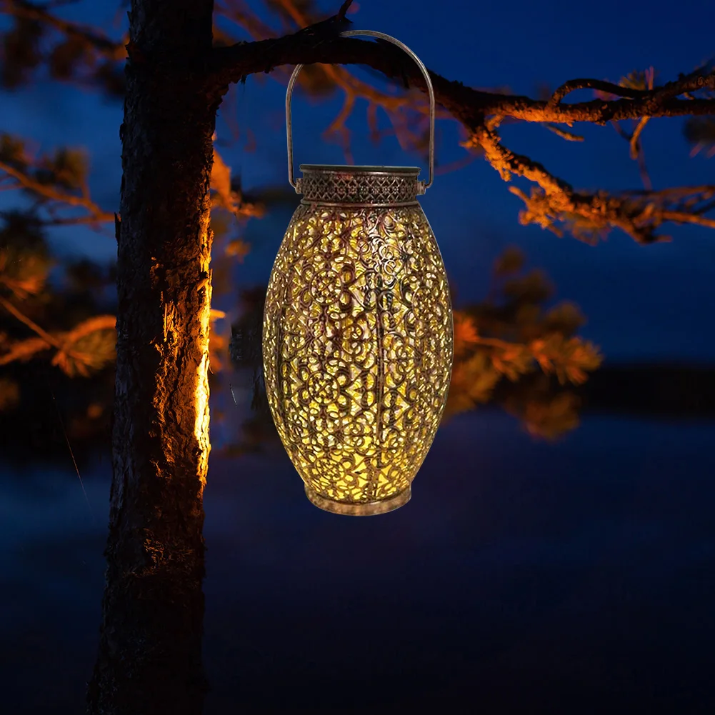 

Lights Metal Lamp Courtyard Decor Yard Home Oval Wrought Iron Lantern LED Solar Light Hollow Hanging Lamp Garden Decoration