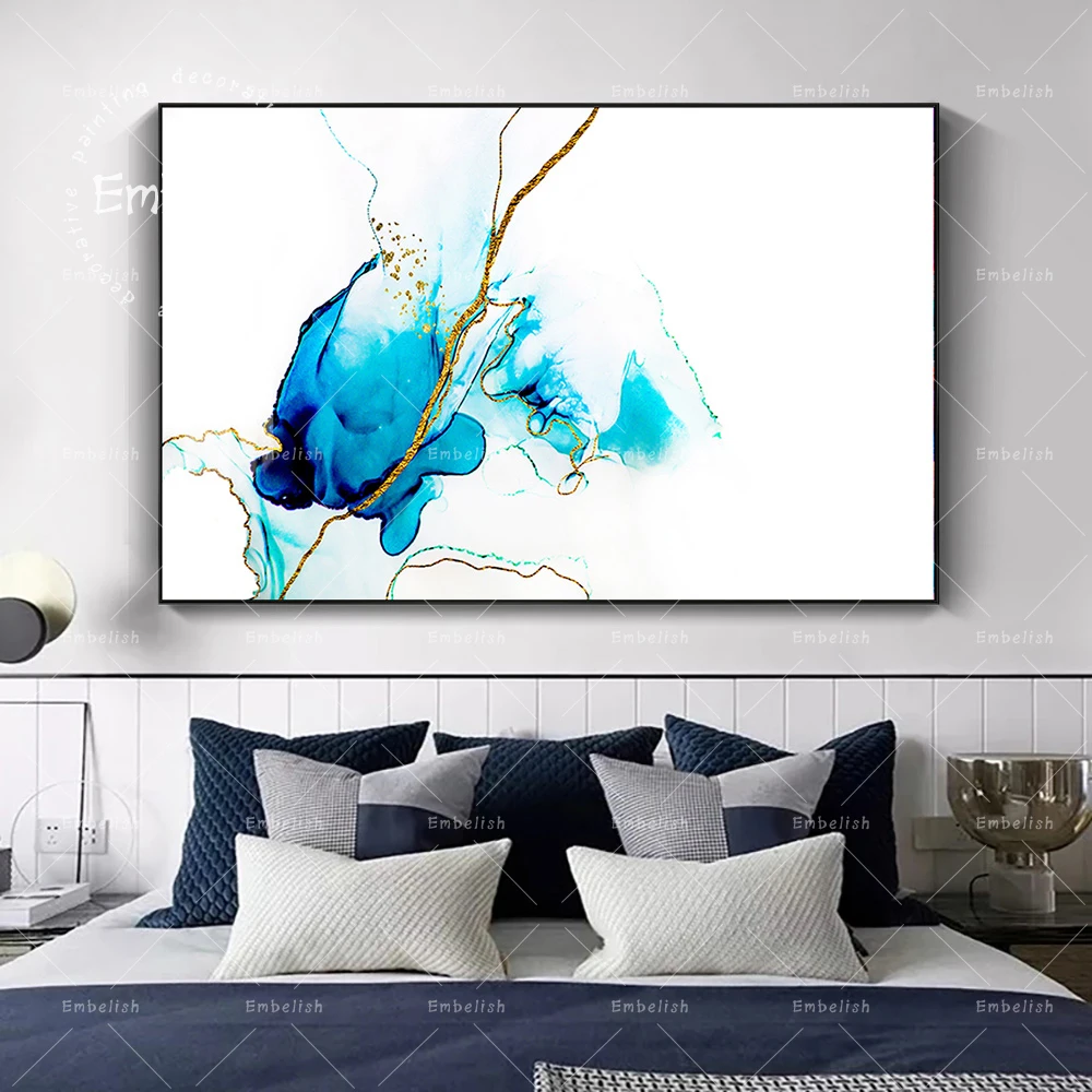 

Nordic Style Blue And Gold Color Modern Artworks For Living Room Home Decor Fashion Pictures HD Spray On Canvas Oil Paintings