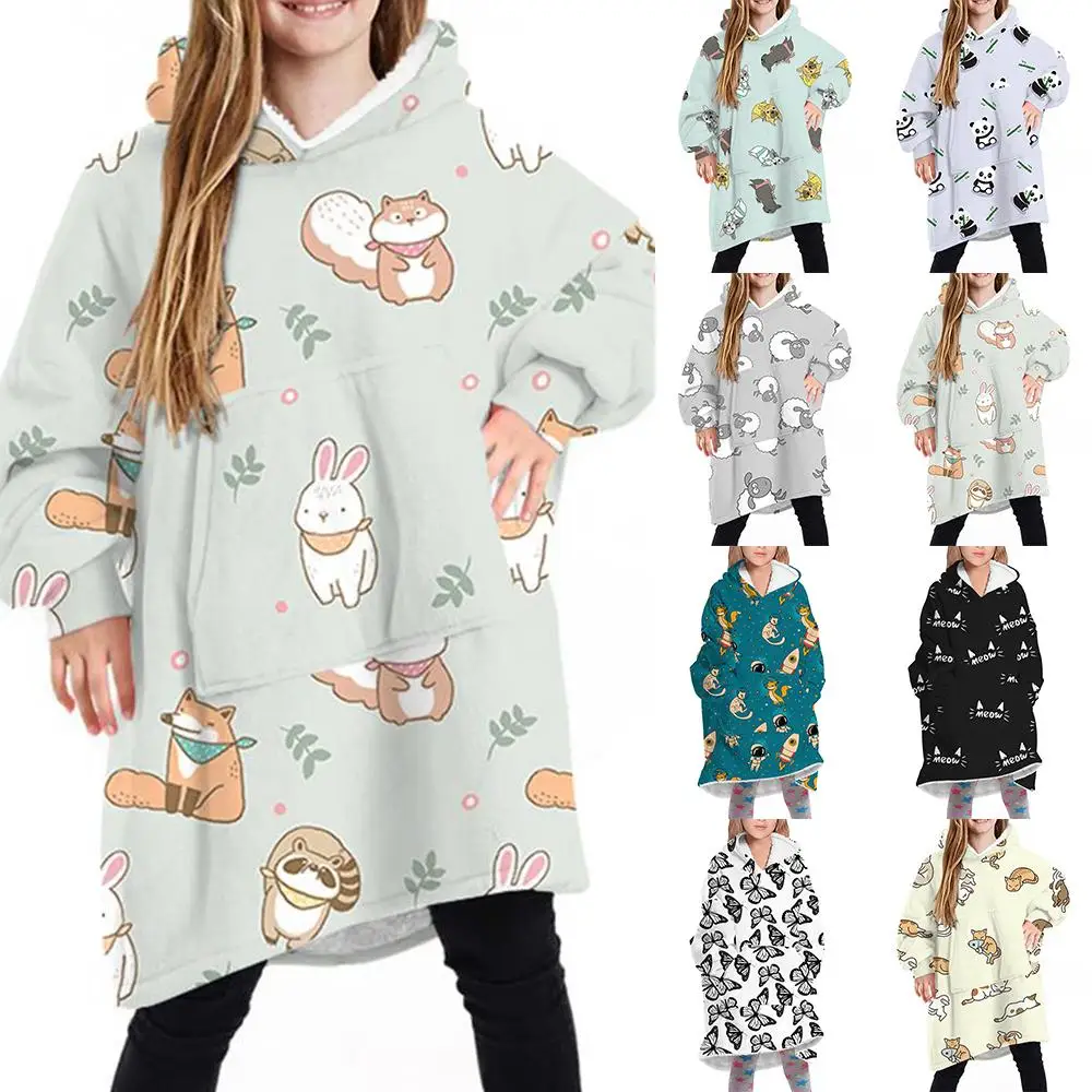 

Kids Cute Creative Printed Hooded Sweatshirt Casual Baggy Fleece Wearable Blanket Hoodie Pullover