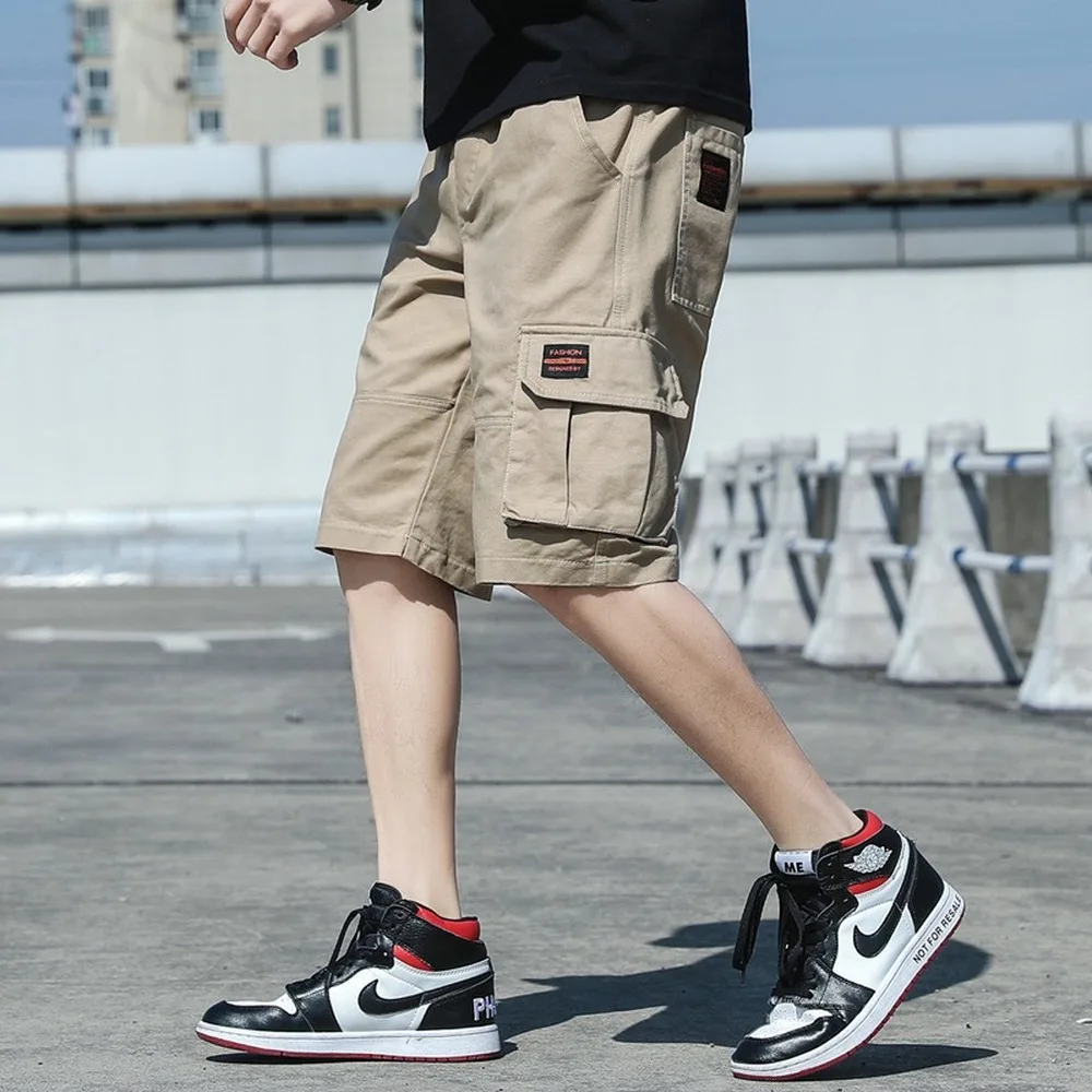 

2021 Summer Men's Casual Cotton Shorts Work Short Pants Men's Fashion Knee Length Multi-Pockets Drawstring Bermudas Shorts