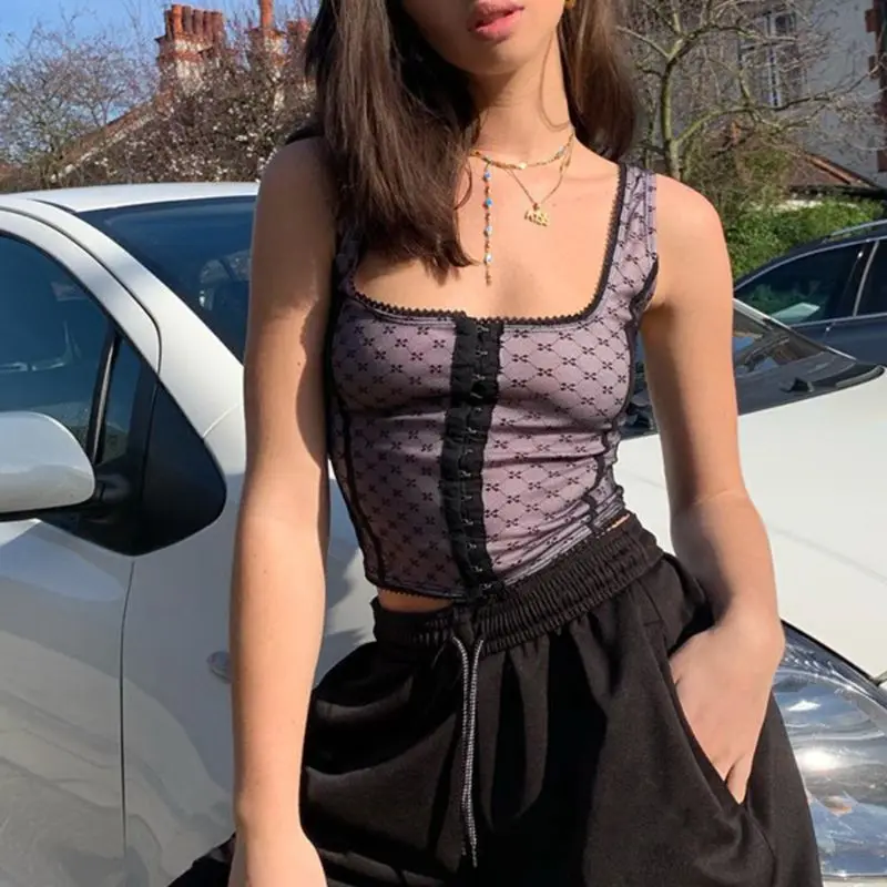 Женский летний укороченный топ без рукавов с пряжкой спереди сетчатый