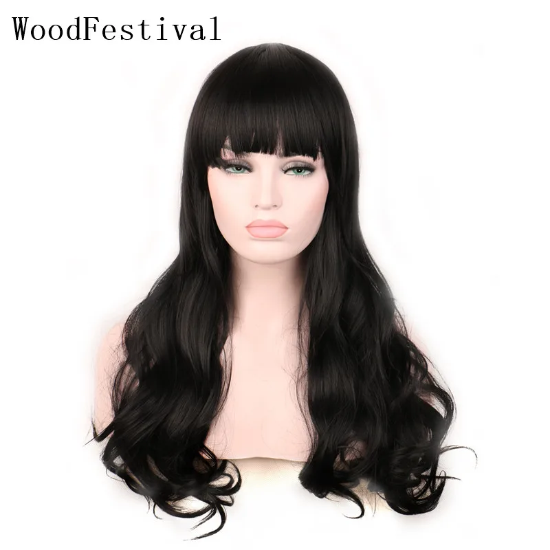 

WoodFestival Synthetic Wig With Bangs Long Hair Cosplay Wigs For Women Blonde Green Burgundy Black Brown Wavy Korean Halloween