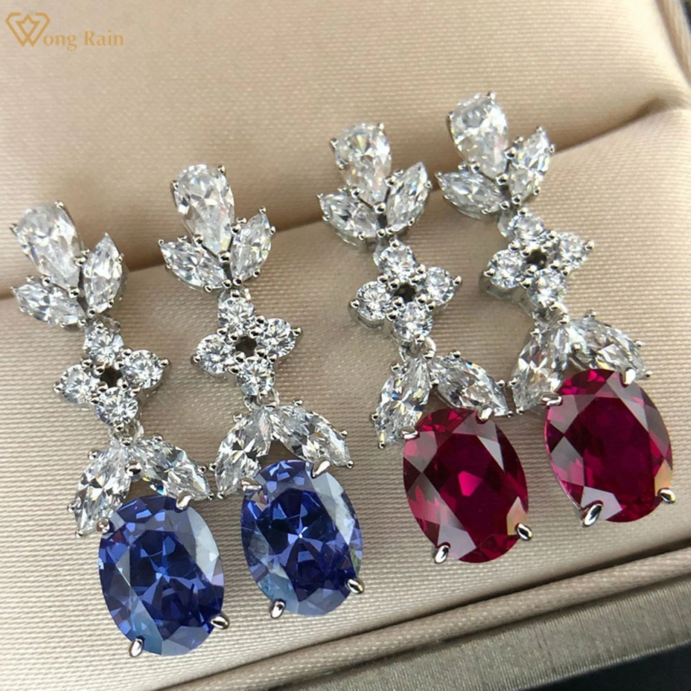 

Wong Rain 925 Sterling Silver 1.5 CT Ruby Sapphire Created Moissanite Gemstone Vintage Dangle Earrings Fine Jewelry Studs Gift