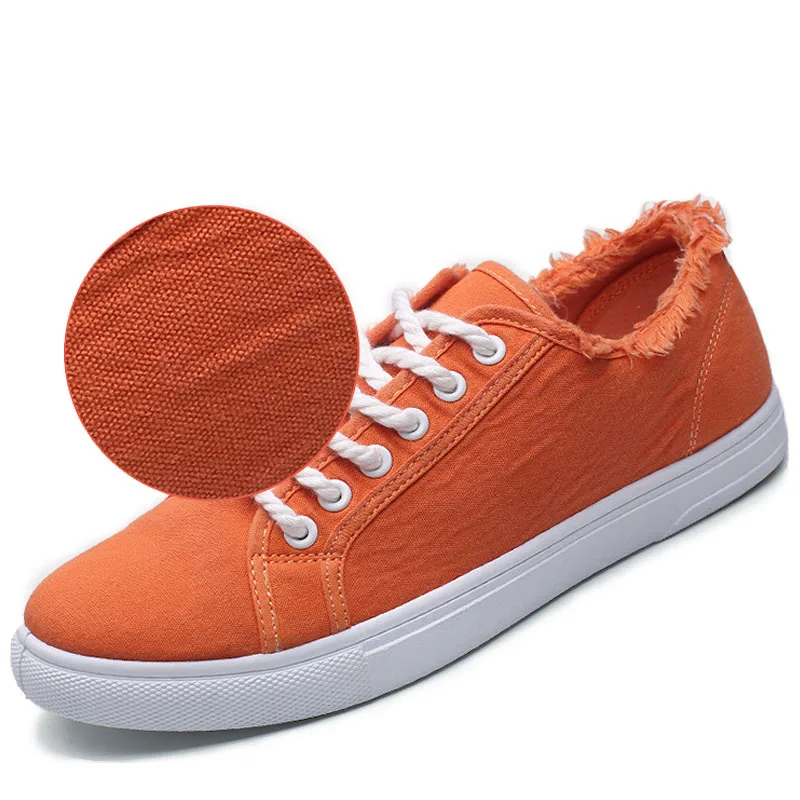 

Frayed Trim Canvas Sneakers For Men Low Top Trainers Mens Orange Shoes Vulcan Casual Lace Up Sneakers White Men's Plimsoll Shoes