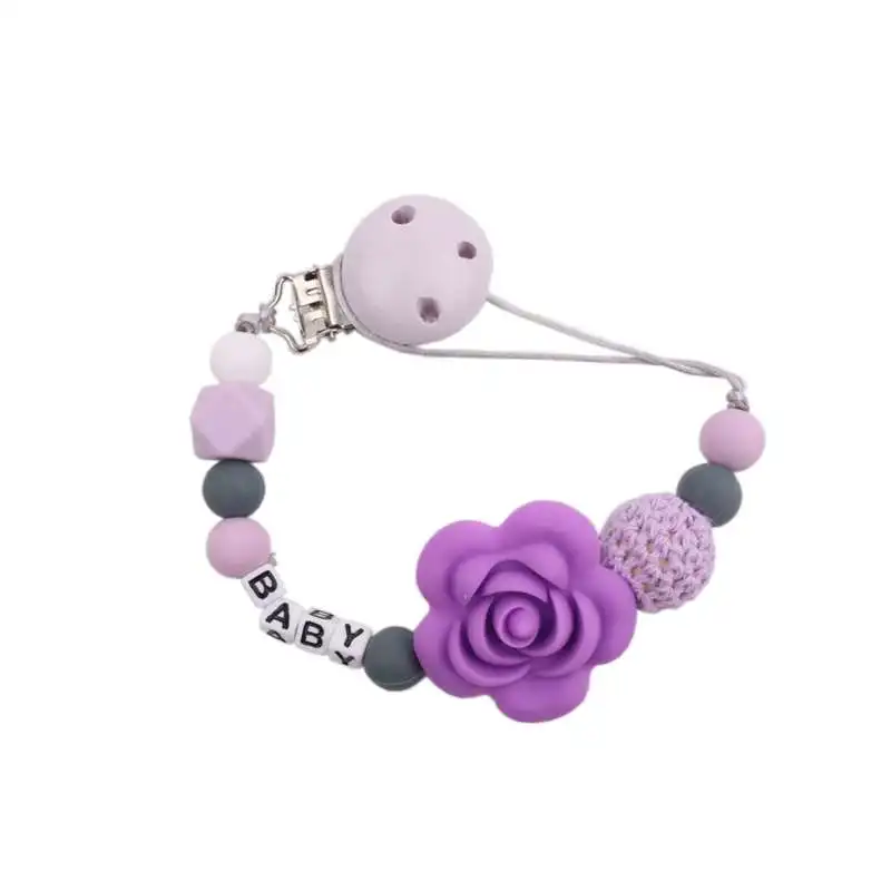 

1Pc Silicone Baby Pacifier Custom Personalised Name Silicones Pacifier Clip Holder Silicone Fresh flowers Crochet Bead Baby Gift