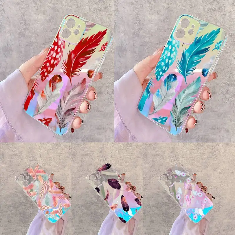 

Fashion Feather red pink Phone Case for iPhone xiaomi redmi 7 8 9 11 12 10 S X XS XR MINI Pro Max Plus laser Transparent