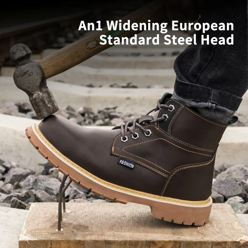 Work boots men office safety shoes indestructible Anti-puncture leather horse crazy good year handmade | Обувь