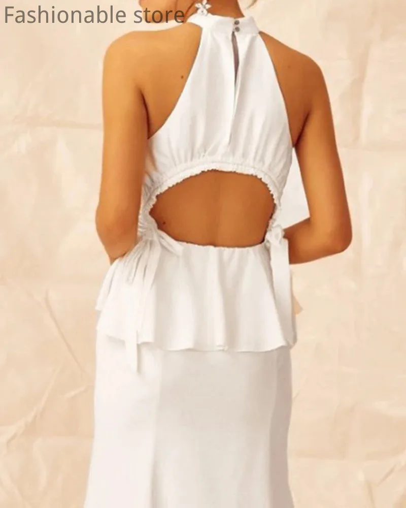 

Women Sleeveless Halter Ruffles Design Slim Midi Dress