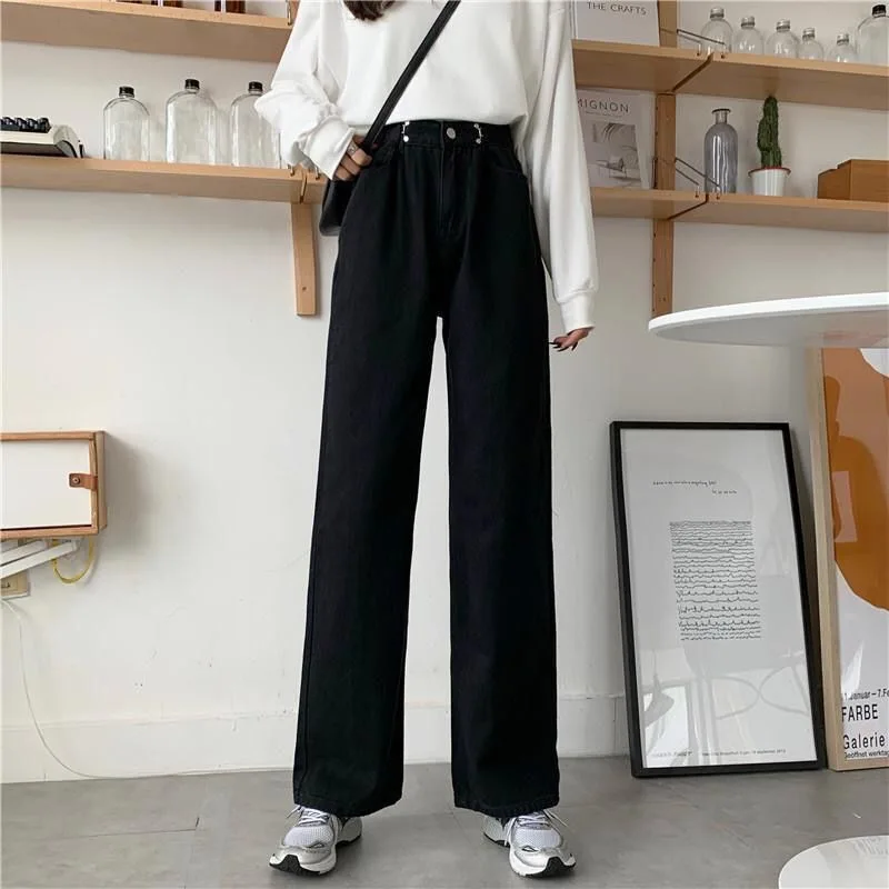 

2021 Spring White Plus Size High Waist Jeans Streetwear Wide Leg Pants Women's Fashion Trousers Full Length Loose Denim Pants