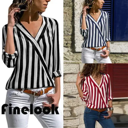 Женская блузка в полоску с длинным рукавом и V-образным вырезом | одежда