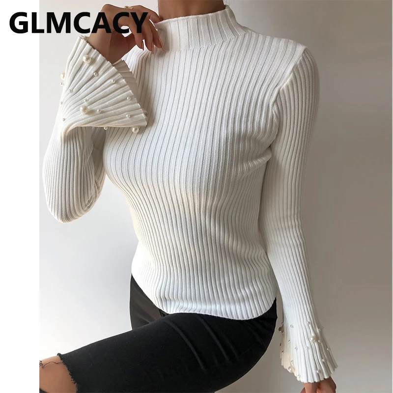 

Women solid chic slim Beaded Bell Sleeve Casual Top Knitted Sweater