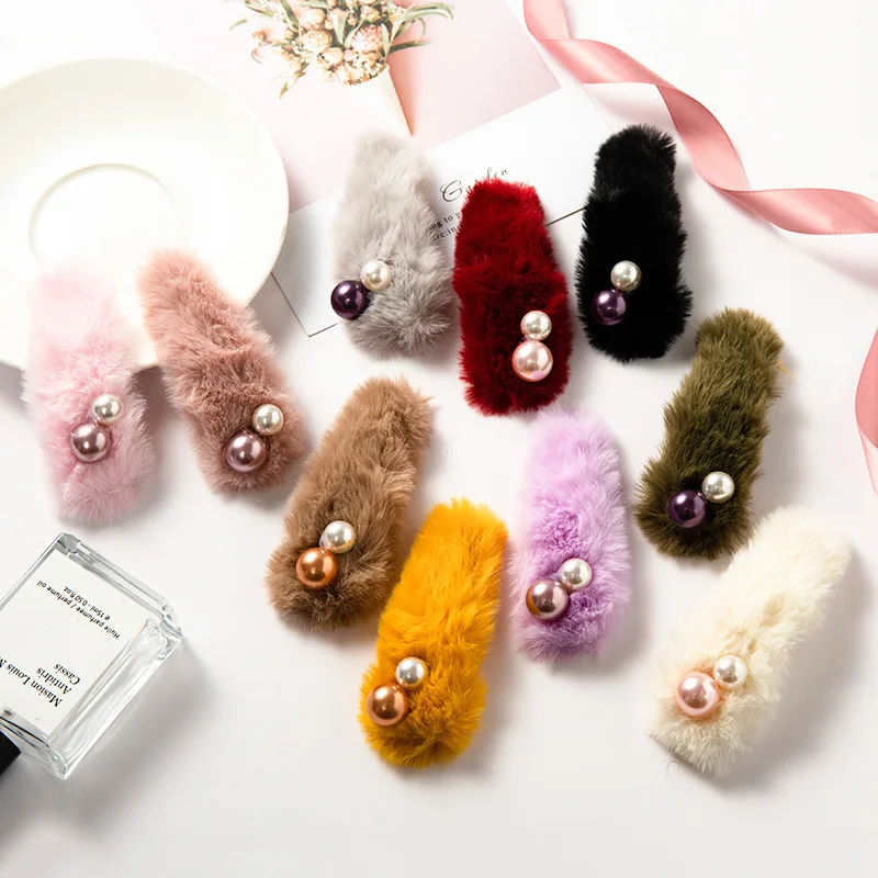 

Korean Winter Snap Hair Clips Pearl bobby pins For Girls Women Hair Accessories BB Hairpins Fashion Metal Soft Fur Barrettes