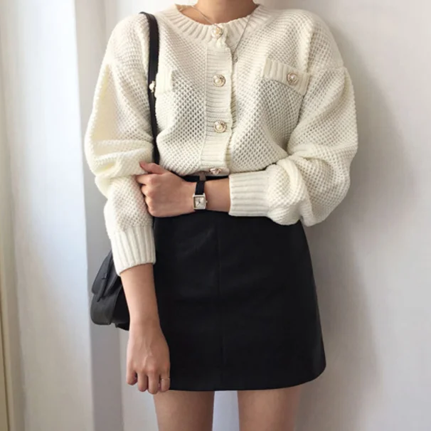 autumn spring women sweater and cardigans runway designer chic pearls basic jacket knitted coat jumper white AQ516 |
