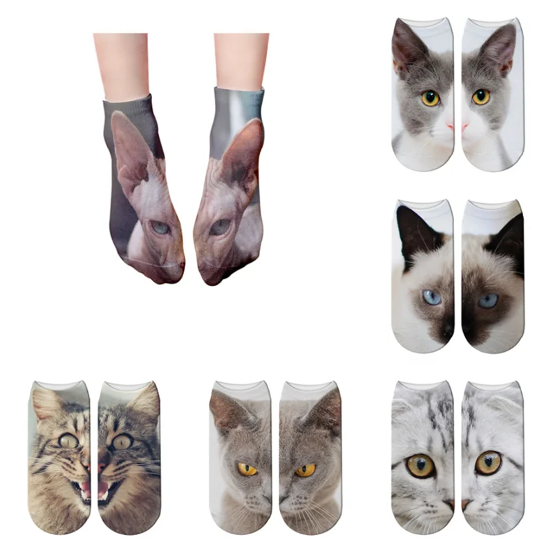 

3D Cats Face Printed Cotton Socks Unisex Cute Funny Harajuku Compression Boat Socks Fashion Breathable Short Socks for Female