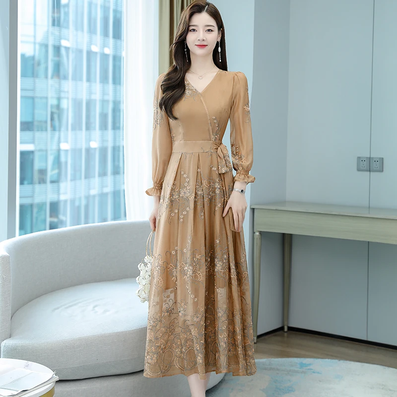 

Chiffon Women's Dress Party Girl's Dresses Summer Casual Print Loose V-neck A-LINE Long Sleeve Clothing Lady Mid-Calf Houthion