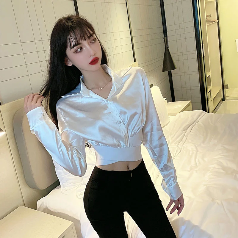 

Internet Celebrity Same Style Elegant Long Sleeve Blouse 2021 Early Autumn New French Minority Cross Crop-Top Short Top Women's