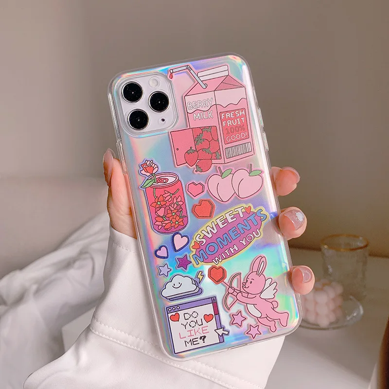

Cartoon Laser Peach Pink Cupid Rabbit Case For iPhone 12 Pro 12 Mini 11 Pro Max SE 2020 7 8 7Plus 8Plus XR X XS MAX