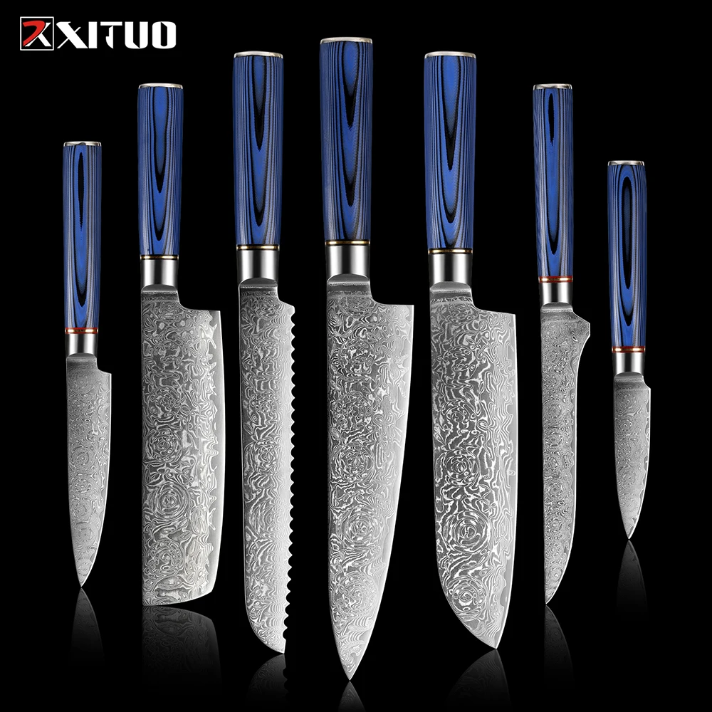 XITUO-Juego de cuchillos de cocina de acero damasco VG10, 1-7 piezas, mango afilado azul G10, Santoku