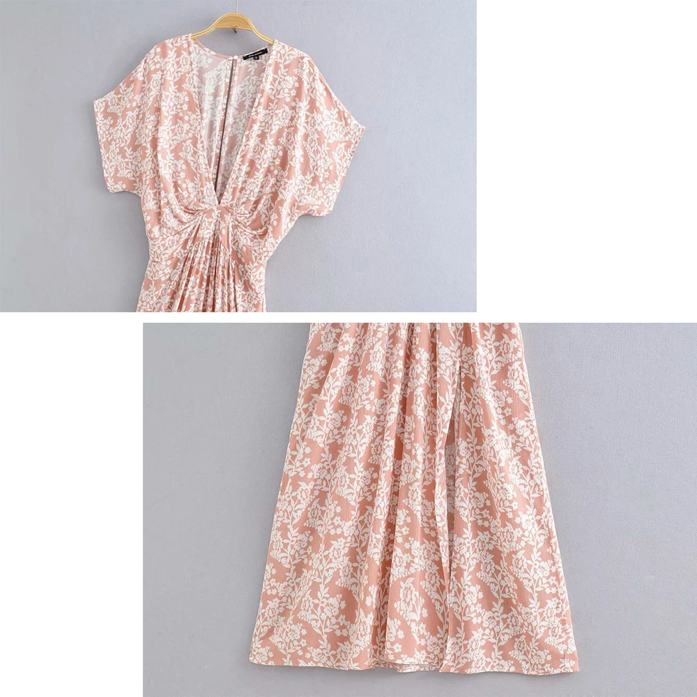 

Pink Floral Dresses Printed Women Rayon Maxi Dress Summer Deep V-Neck Batwing Sleeve Vintage Boho Beach Long Dress Vestidos
