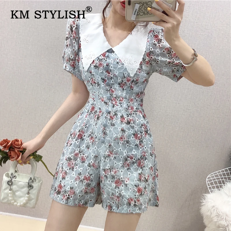 Летний женский цветочный принт с отложным воротником коротким рукавом