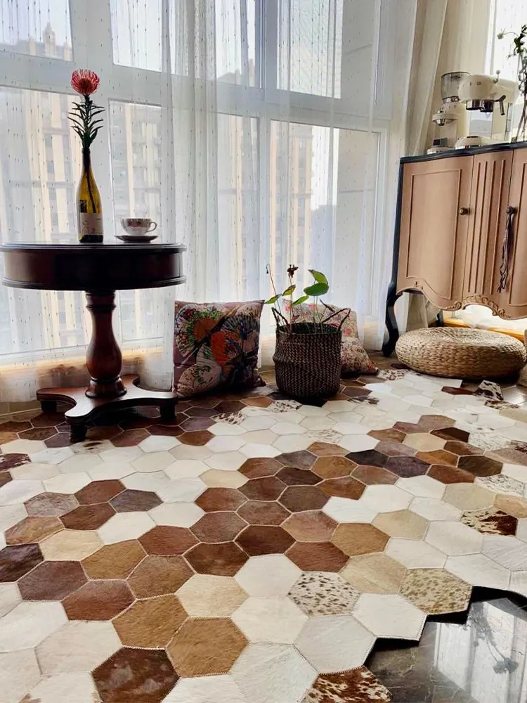 American style irregular shaped genuine cowhide skin fur patchwork rug real cows diamond plaid carpet villa | Дом и сад