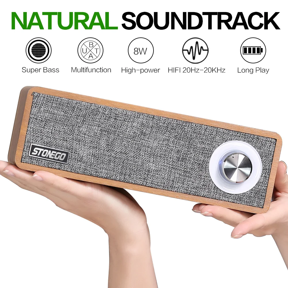 

STONEGO Handmade Oak Wood Portable Bluetooth Speaker, Bluetooth 4.2 Wireless Speakers with Multifunctional Knob LED Indicator