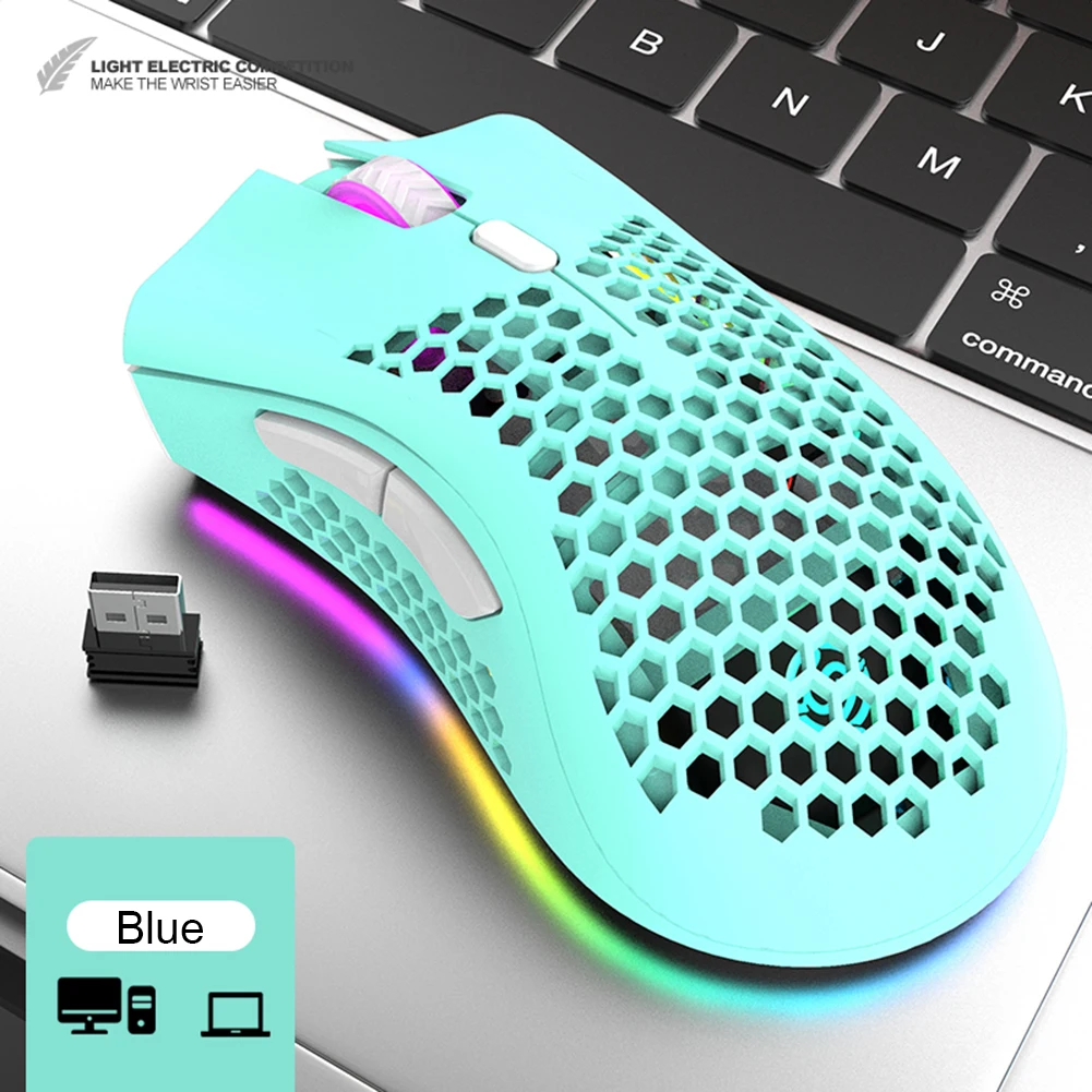 

7 Buttons USB Wireless RGB Mouse Rechargeable 3 Gears 1600 DPI Adjustable Hollow Honeycomb Gamer Mice Blue/Pink/Black/White