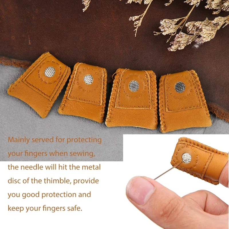

10 Pieces Sewing Thimbles Kit,Leather Finger Protectors with 2 Color Metal Thimble,Pin Pads for Hand Sewing Needlework