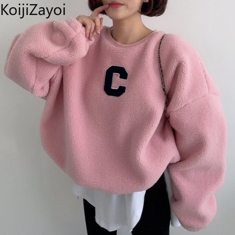 

Koijizayoi Beige Pink Wool Women Hoodies Harajuku Letter Print O Neck Sweatshirts Oversized Lady Long Sleeve Thick Warm Pullover