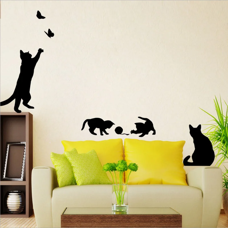 1 Set/Pack New Arrived Cat play Butterflies Wall Sticker Removable Decoration Decals for Bedroom Kitchen Living Room Walls | Дом и сад
