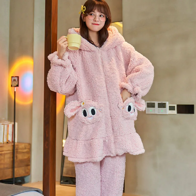 New Women Sleepwear Winter Pajamas Plush Mink Wool Sherpa Loose Version Medium Style Pajama Set Coral Fleece Packed Nightgown