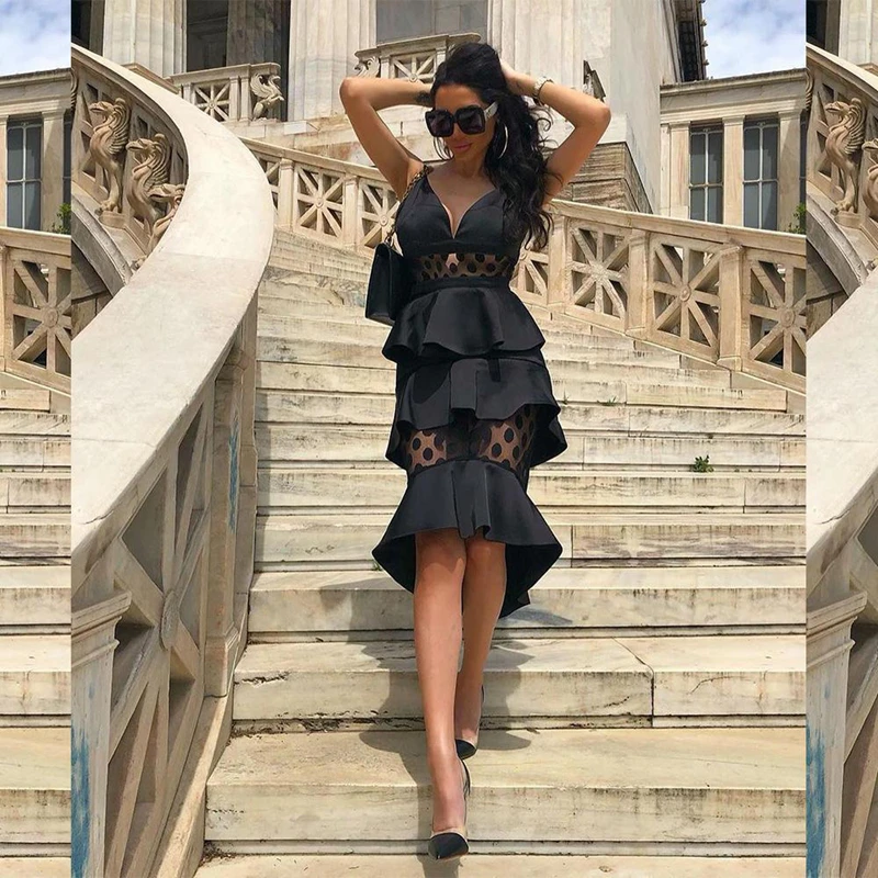 Новинка 2019 женское платье летнее сексуальное Сетчатое в горошек с рюшами Русалка