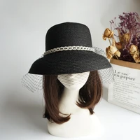 woman french elegant retro pearl veil black bell shaped basin dome paper straw hat female summer sun protection beach top hat