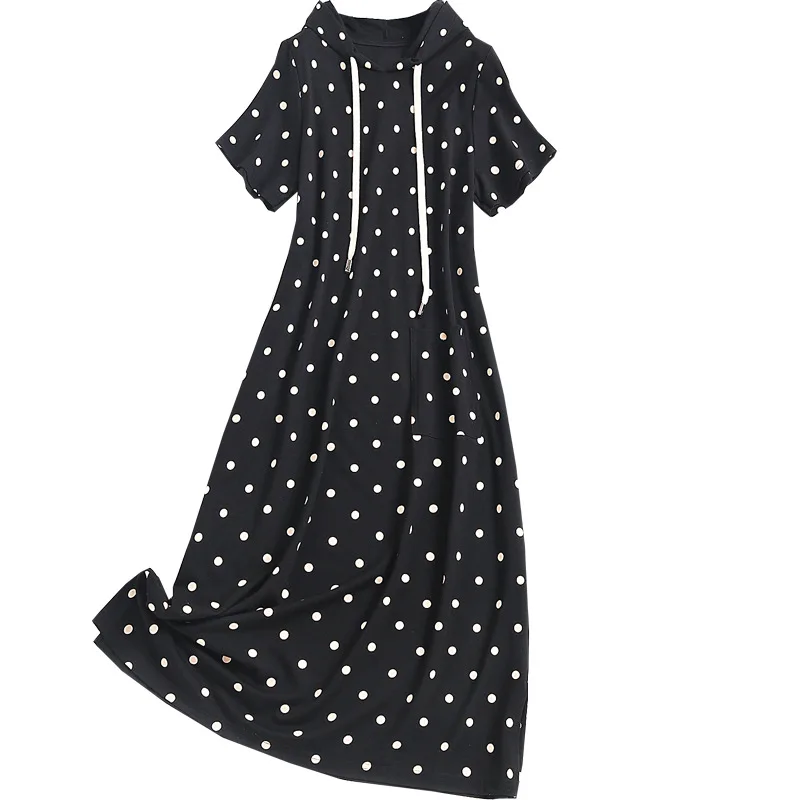 

SHUCHAN Vintage Dress Viscose Casual A-LINE Mid-Calf Hooded Summer DOT Women's Clothing with Free Shipping