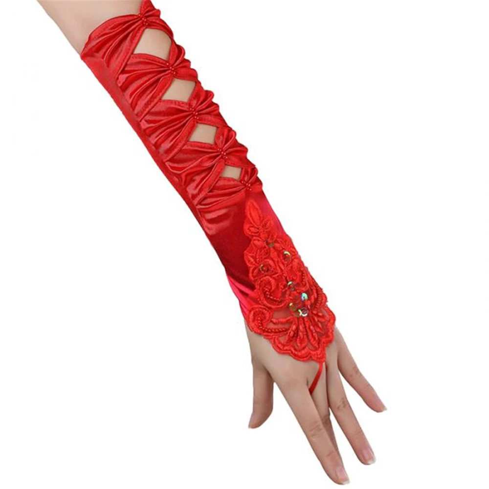 Gloves Fingerless Mittens Romantic For Wedding Bridal Pearl Lace Hollowed Tie Red temperament | Аксессуары для одежды