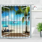 Занавеска для душа с морским пейзажем, креативное окошко в стиле ретро, с текстурой древесины, для пляжа, пальм, океанического ландшафта, ткань для декора, занавеска для ванной s