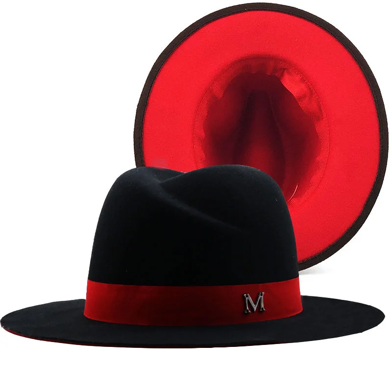 New Outer Black Inner red Wool Felt Jazz Fedora Hats with Thin Belt Buckle Men Women Wide Brim Panama Trilby Cap 56-58CM