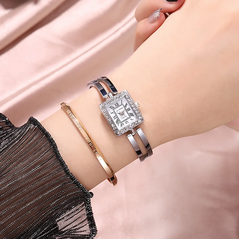 Простые Женские часы Стразы с квадратным циферблатом из нержавеющей стали
