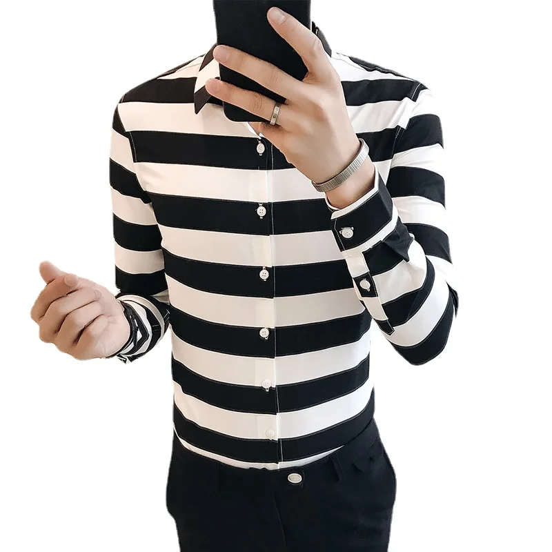 

Мужская полосатая рубашка, черная светильник-голубая Повседневная рубашка с отложным воротником и длинными рукавами для выпускного вечера...