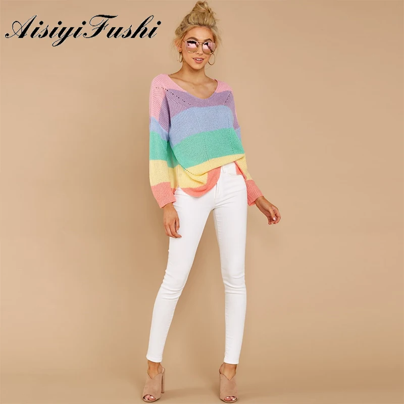 Женский трикотажный свитер в радужную полоску Свободный джемпер с длинным