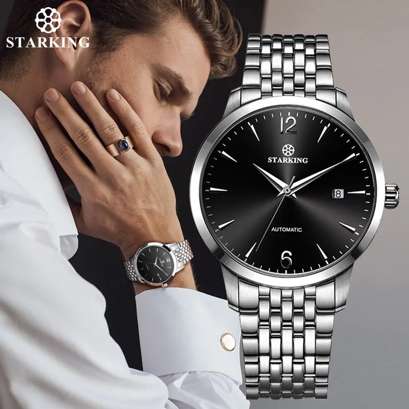 STARKING роскошные механические мужские часы автоматические черные из нержавеющей