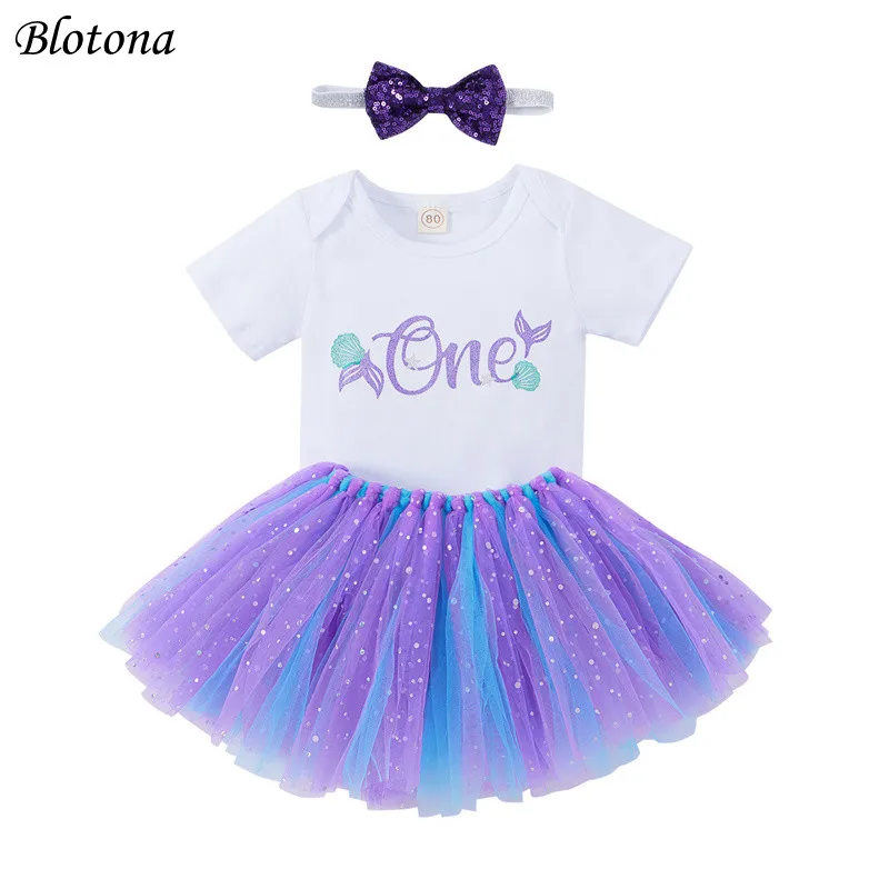 

Blotona Infant Baby Girls Clothes Set, Letter Print Short Sleeve O-neck Romper + Tutu Skirt + Bow-knot Headband 3-9Months