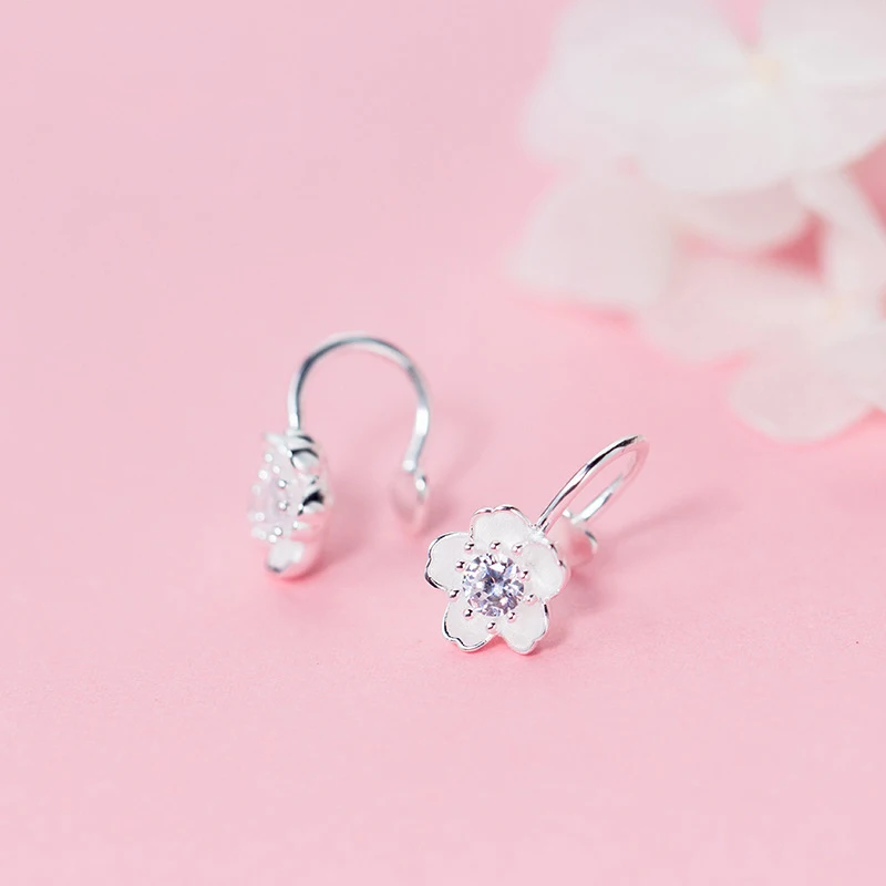 Серьги гвоздики серебристого цвета с цветком вишни|stud earrings|stud earrings for womenear stud |
