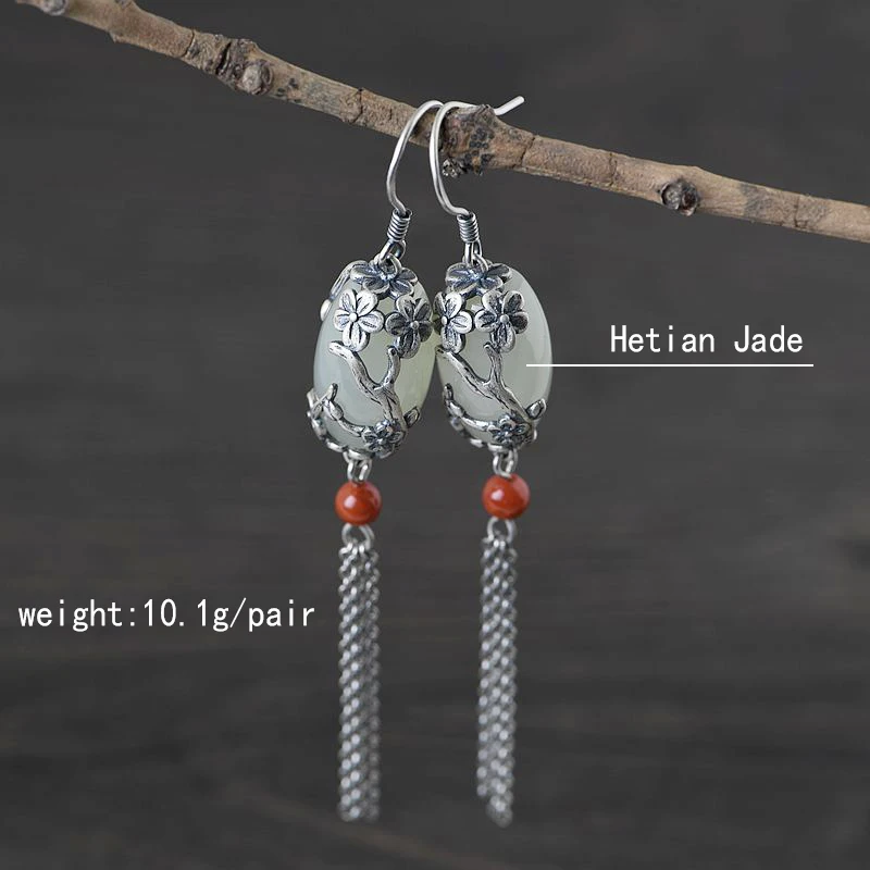 

GAGAFEEL Ethnic Tassel Earrings Pearl Chain Plum Blossom Dangle Earring Natural Stone S925 Sterling Silver Vintage Jewelry
