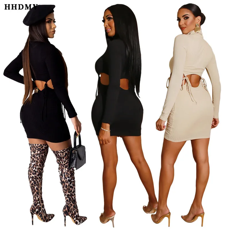 HHDMV ASL6208 fashion elegant high street girl style short dresses long sleeve collar hollow out mini | Женская одежда
